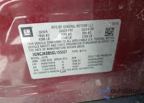 2016 Chevrolet Trax 1Ls из США, поврежденный, VIN 3GNCJKSB5GL155507